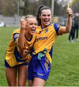 3 April 2022; Roscommon players Rachel Brady, left, and Sinéad Kenny celebrate after the Lidl Ladies Football National League Division 3 Final match between Roscommon and Wexford at St Brendan's Park in Birr, Offaly. Photo by Ben McShane/Sportsfile