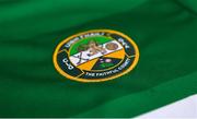 12 April 2022; The Offaly GAA crest on a jersey  during an Offaly Football squad portrait session at Faithful Fields Offaly GAA Centre of Excellence in Kilcormac, Offaly. Photo by Brendan Moran/Sportsfile