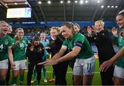 12 April 2022; Republic of Ireland captain Katie McCabe celebrates with team-mates and manager Vera Pauw after the FIFA Women's World Cup 2023 qualifying match between Sweden and Republic of Ireland at Gamla Ullevi in Gothenburg, Sweden. Photo by Stephen McCarthy/Sportsfile
