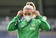 12 April 2022; Denise O'Sullivan of Republic of Ireland puts on a face covering before the FIFA Women's World Cup 2023 qualifying match between Sweden and Republic of Ireland at Gamla Ullevi in Gothenburg, Sweden. Photo by Stephen McCarthy/Sportsfile