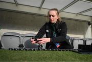 12 April 2022; Republic of Ireland StatSports technician Niamh McDaid prepares players GPS units before the FIFA Women's World Cup 2023 qualifying match between Sweden and Republic of Ireland at Gamla Ullevi in Gothenburg, Sweden. Photo by Stephen McCarthy/Sportsfile