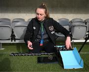 12 April 2022; Republic of Ireland StatSports technician Niamh McDaid prepares players GPS units before the FIFA Women's World Cup 2023 qualifying match between Sweden and Republic of Ireland at Gamla Ullevi in Gothenburg, Sweden. Photo by Stephen McCarthy/Sportsfile