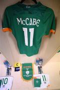 12 April 2022; The jersey of Katie McCabe hangs in the Republic of Ireland dressing room before the FIFA Women's World Cup 2023 qualifying match between Sweden and Republic of Ireland at Gamla Ullevi in Gothenburg, Sweden. Photo by Stephen McCarthy/Sportsfile