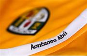 12 April 2022; A detailed view of the Antrim jersey during an Antrim hurling squad portrait session at the Ulster University in Jordanstown, Antrim. Photo by Harry Murphy/Sportsfile