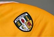 12 April 2022; Detail view of the crest on the Antrim jersey during an Antrim hurling squad portrait session at the Ulster University in Jordanstown, Antrim. Photo by Harry Murphy/Sportsfile