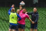 14 April 2022; Rónan Kelleher, centre, with Jonathan Sexton and Tommy O'Brien during a Leinster Rugby captain's run at the Aviva Stadium in Dublin. Photo by Harry Murphy/Sportsfile