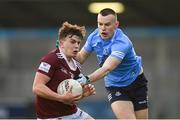 14 April 2022; Darragh Seery of Westmeath in action against Séamus Smith of Dublin during the EirGrid Leinster GAA Under 20 Football Championship Quarter-Final match between Dublin and Westmeath at Parnell Park in Dublin. Photo by Harry Murphy/Sportsfile
