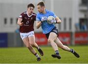 14 April 2022; Senan Forker of Dublin in action against Darragh Seery of Westmeath during the EirGrid Leinster GAA Under 20 Football Championship Quarter-Final match between Dublin and Westmeath at Parnell Park in Dublin. Photo by Harry Murphy/Sportsfile