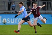 14 April 2022; Tom Brennan of Dublin in action against Adam Treanor of Westmeath during the EirGrid Leinster GAA Under 20 Football Championship Quarter-Final match between Dublin and Westmeath at Parnell Park in Dublin. Photo by Harry Murphy/Sportsfile