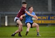 14 April 2022; Conor Tyrell of Dublin in action against Daniel Scahill of Westmeath during the EirGrid Leinster GAA Under 20 Football Championship Quarter-Final match between Dublin and Westmeath at Parnell Park in Dublin. Photo by Harry Murphy/Sportsfile