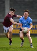 14 April 2022; Conor Tyrell of Dublin in action against Daniel Scahill of Westmeath during the EirGrid Leinster GAA Under 20 Football Championship Quarter-Final match between Dublin and Westmeath at Parnell Park in Dublin. Photo by Harry Murphy/Sportsfile
