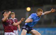 14 April 2022; Ryan O'Dwyer of Dublin reacts to a tackle by Josh Gahan of Westmeath during the EirGrid Leinster GAA Under 20 Football Championship Quarter-Final match between Dublin and Westmeath at Parnell Park in Dublin. Photo by Harry Murphy/Sportsfile