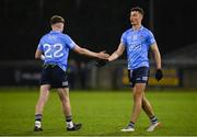 14 April 2022; Ronan Cullen, left, and Peter Duffy of Dublin after their side's victory in the EirGrid Leinster GAA Under 20 Football Championship Quarter-Final match between Dublin and Westmeath at Parnell Park in Dublin. Photo by Harry Murphy/Sportsfile