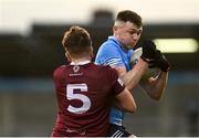 14 April 2022; Adam Waddick of Dublin in action against Darragh Seery of Westmeath during the EirGrid Leinster GAA Under 20 Football Championship Quarter-Final match between Dublin and Westmeath at Parnell Park in Dublin. Photo by Harry Murphy/Sportsfile