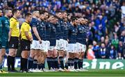 15 April 2022; The Leinster team stand for a minute's silence in memory of the victims of the war in Ukraine before the Heineken Champions Cup Round of 16 Second Leg match between Leinster and Connacht at Aviva Stadium in Dublin. Photo by Brendan Moran/Sportsfile