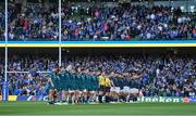 15 April 2022; The Connacht and Leinster teams stand for a minute's silence in memory of the victims of the war in Ukraine before the Heineken Champions Cup Round of 16 Second Leg match between Leinster and Connacht at Aviva Stadium in Dublin. Photo by Brendan Moran/Sportsfile