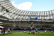15 April 2022; Josh Murphy of Leinster takes possession in a lineout ahead of Cian Prendergast of Connacht during the Heineken Champions Cup Round of 16 Second Leg match between Leinster and Connacht at Aviva Stadium in Dublin. Photo by Harry Murphy/Sportsfile