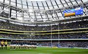 15 April 2022; Leinster players stand for a minutes silence in support of Ukraine before the Heineken Champions Cup Round of 16 Second Leg match between Leinster and Connacht at Aviva Stadium in Dublin. Photo by Harry Murphy/Sportsfile