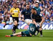 15 April 2022; Rónan Kelleher of Leinster is tackled by Jack Carty of Connacht during the Heineken Champions Cup Round of 16 Second Leg match between Leinster and Connacht at Aviva Stadium in Dublin. Photo by David Fitzgerald/Sportsfile