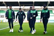 15 April 2022; Shamrock Rovers players, from left, Barry Cotter, Dylan Watts, Aidomo Emakhu, Gary O'Neill and Neil Farrugia before the SSE Airtricity League Premier Division match between Shamrock Rovers and St Patrick's Athletic at Tallaght Stadium in Dublin. Photo by Ben McShane/Sportsfile