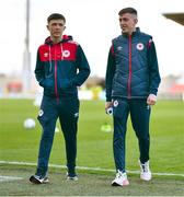 15 April 2022; St Patrick's Athletic players Darragh Burns, right, and Kian Corbally before the SSE Airtricity League Premier Division match between Shamrock Rovers and St Patrick's Athletic at Tallaght Stadium in Dublin. Photo by Ben McShane/Sportsfile