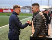 15 April 2022; Shelbourne manager Damien Duff and former Republic of Ireland goalkeeper Shay Given before the SSE Airtricity League Premier Division match between Derry City and Shelbourne at The Ryan McBride Brandywell Stadium in Derry. Photo by Stephen McCarthy/Sportsfile
