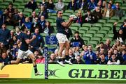 15 April 2022; James Lowe of Leinster catches a crossfield kick on his way to scoring his side's eighth try during the Heineken Champions Cup Round of 16 Second Leg match between Leinster and Connacht at Aviva Stadium in Dublin. Photo by David Fitzgerald/Sportsfile