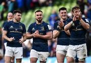 15 April 2022; Leinster players, from left, Hugo Keenan, Rónan Kelleher, Dan Sheehan and Josh van der Flier applaud the supporters after the Heineken Champions Cup Round of 16 Second Leg match between Leinster and Connacht at Aviva Stadium in Dublin. Photo by David Fitzgerald/Sportsfile