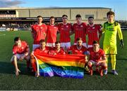 15 April 2022; Sligo Rovers players pose for a team photograph while holding a pride flag before the SSE Airtricity League Premier Division match between Dundalk and Sligo Rovers at Oriel Park in Dundalk, Louth. Photo by Piaras Ó Mídheach/Sportsfile