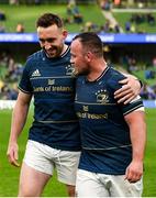 15 April 2022; Jack Conan and Ed Byrne of Leinster after their side's victory in the Heineken Champions Cup Round of 16 Second Leg match between Leinster and Connacht at Aviva Stadium in Dublin. Photo by Harry Murphy/Sportsfile