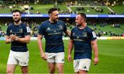 15 April 2022; Leinster players, from left, Robbie Henshaw, Jack Conan and Ed Byrne after their side's victory in the Heineken Champions Cup Round of 16 Second Leg match between Leinster and Connacht at Aviva Stadium in Dublin. Photo by Harry Murphy/Sportsfile