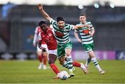 15 April 2022; Richie Towell of Shamrock Rovers in action against James Abankwah of St Patrick's Athletic during the SSE Airtricity League Premier Division match between Shamrock Rovers and St Patrick's Athletic at Tallaght Stadium in Dublin. Photo by Ben McShane/Sportsfile