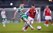 15 April 2022; Gary O'Neill of Shamrock Rovers in action against Darragh Burns of St Patrick's Athletic during the SSE Airtricity League Premier Division match between Shamrock Rovers and St Patrick's Athletic at Tallaght Stadium in Dublin. Photo by Ben McShane/Sportsfile