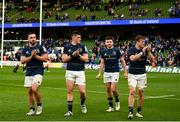 15 April 2022; Leinster players, from left, Rónan Kelleher, Dan Sheehan, Hugo Keenan and Josh van der Flier after their side's victory in the Heineken Champions Cup Round of 16 Second Leg match between Leinster and Connacht at Aviva Stadium in Dublin. Photo by Harry Murphy/Sportsfile