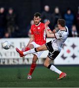 15 April 2022; Lewis Banks of Sligo Rovers in action against Daniel Kelly of Dundalk during the SSE Airtricity League Premier Division match between Dundalk and Sligo Rovers at Oriel Park in Dundalk, Louth. Photo by Piaras Ó Mídheach/Sportsfile