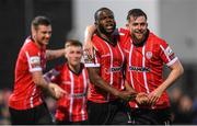 15 April 2022; James Akintunde of Derry City celebrates after scoring his side's first goal with team-mate Will Patching, right, during the SSE Airtricity League Premier Division match between Derry City and Shelbourne at The Ryan McBride Brandywell Stadium in Derry. Photo by Stephen McCarthy/Sportsfile
