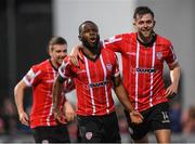 15 April 2022; James Akintunde of Derry City celebrates after scoring his side's first goal with team-mate Will Patching, right, during the SSE Airtricity League Premier Division match between Derry City and Shelbourne at The Ryan McBride Brandywell Stadium in Derry. Photo by Stephen McCarthy/Sportsfile