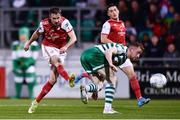 15 April 2022; Billy King of St Patrick's Athletic has a shot on goal despite the attention of Sean Hoare of Shamrock Rovers during the SSE Airtricity League Premier Division match between Shamrock Rovers and St Patrick's Athletic at Tallaght Stadium in Dublin. Photo by Ben McShane/Sportsfile
