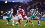 15 April 2022; Billy King of St Patrick's Athletic in action against Richie Towell, right, and Jack Byrne of Shamrock Rovers during the SSE Airtricity League Premier Division match between Shamrock Rovers and St Patrick's Athletic at Tallaght Stadium in Dublin. Photo by Ben McShane/Sportsfile