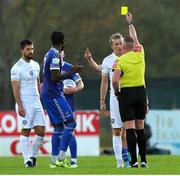 15 April 2022; David Hurley of Galway United receives a yellow card from referee Alan Patchell during the SSE Airtricity League First Division match between Waterford and Galway United FC at RSC in Waterford. Photo by Michael P Ryan/Sportsfile