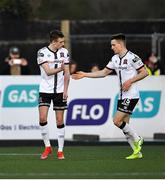 15 April 2022; Daniel Kelly of Dundalk, left, celebrates with teammate Darragh Leahy after scoring their side's second goal during the SSE Airtricity League Premier Division match between Dundalk and Sligo Rovers at Oriel Park in Dundalk, Louth. Photo by Piaras Ó Mídheach/Sportsfile
