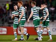 15 April 2022; Rory Gaffney of Shamrock Rovers, second from left, celebrates with teammate Jack Byrne after scoring his side's first goal during the SSE Airtricity League Premier Division match between Shamrock Rovers and St Patrick's Athletic at Tallaght Stadium in Dublin. Photo by Ben McShane/Sportsfile