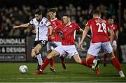 15 April 2022; Joe Adams of Dundalk in action against Niall Morahan, left, and Garry Buckley of Sligo Rovers during the SSE Airtricity League Premier Division match between Dundalk and Sligo Rovers at Oriel Park in Dundalk, Louth. Photo by Piaras Ó Mídheach/Sportsfile