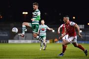15 April 2022; Dylan Watts of Shamrock Rovers in action against Ronan Coughlan of St Patrick's Athletic during the SSE Airtricity League Premier Division match between Shamrock Rovers and St Patrick's Athletic at Tallaght Stadium in Dublin. Photo by Ben McShane/Sportsfile