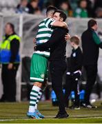 15 April 2022; Shamrock Rovers manager Stephen Bradley and Aaron Greene of Shamrock Rovers embrace after their victory in the SSE Airtricity League Premier Division match between Shamrock Rovers and St Patrick's Athletic at Tallaght Stadium in Dublin. Photo by Ben McShane/Sportsfile
