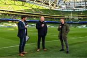 15 April 2022; BT Sport rugby presenter Craig Doyle, left, with analysts Bernard Jackman and Brian O'Driscoll after the Heineken Champions Cup Round of 16 Second Leg match between Leinster and Connacht at Aviva Stadium in Dublin. Photo by Brendan Moran/Sportsfile
