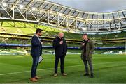 15 April 2022; BT Sport rugby presenter Craig Doyle, left, with analysts Bernard Jackman and Brian O'Driscoll after the Heineken Champions Cup Round of 16 Second Leg match between Leinster and Connacht at Aviva Stadium in Dublin. Photo by Brendan Moran/Sportsfile