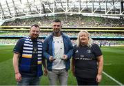 15 April 2022; Former Leinster player Rob Kearney is presented a trophy by members of the OLSC Eoin Kilkenny and Mary Carroll during the Heineken Champions Cup Round of 16 Second Leg match between Leinster and Connacht at Aviva Stadium in Dublin. Photo by Harry Murphy/Sportsfile