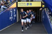 15 April 2022; Leinster captain Jonathan Sexton leads out his team before the Heineken Champions Cup Round of 16 Second Leg match between Leinster and Connacht at Aviva Stadium in Dublin. Photo by Harry Murphy/Sportsfile