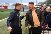 15 April 2022; Shelbourne manager Damien Duff and former Republic of Ireland goalkeeper Shay Given during the SSE Airtricity League Premier Division match between Derry City and Shelbourne at The Ryan McBride Brandywell Stadium in Derry. Photo by Stephen McCarthy/Sportsfile